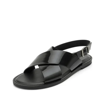 Bold Crisscross Sandal in black patent leather, three-quarter view, handcrafted by Morin.O, Lagos