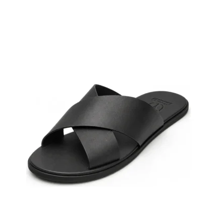 Bold Crisscross Slippers in black leather, three-quarter view, handcrafted by Morin.O, Lagos