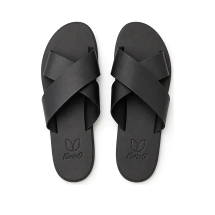Bold Crisscross Slippers in black leather, pair from above, handcrafted by Morin.O, Lagos