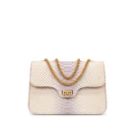 Cicaflap Bag in cream snakeskin with gold chain, handcrafted by Morin.O, Lagos
