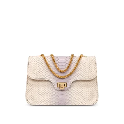 Cicaflap Bag in cream snakeskin with gold chain, handcrafted by Morin.O, Lagos