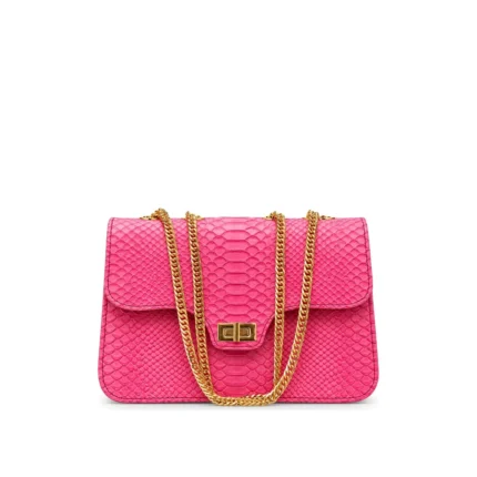 Cicaflap Bag in hot pink snakeskin with gold chain, handcrafted by Morin.O, Lagos