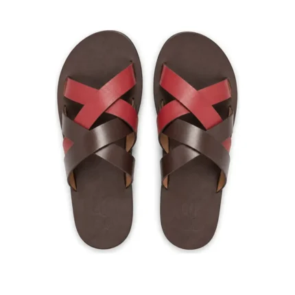 Crisscross Slippers in red and brown leather, pair from above, handcrafted by Morin.O, Lagos