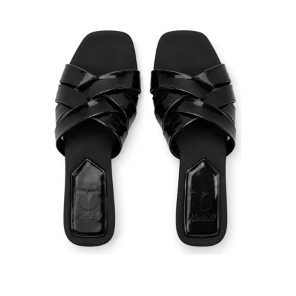 Flat-Toe Crisscross Slippers in black patent, top view, handcrafted by Morin.O, Lagos