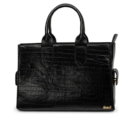 Kaela Medium Bag in black croc-embossed leather, handcrafted leather bag by Morin.O, Lagos