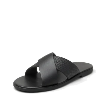 Matted Crossband Slippers in black leather, three-quarter view, handcrafted by Morin.O, Lagos