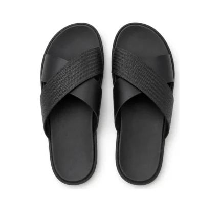 Matted Crossband Slippers in black leather, pair from above, handcrafted by Morin.O, Lagos