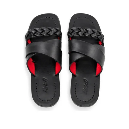 Plaited Crossband Slippers top view, handcrafted leather footwear by Morin.O, Lagos
