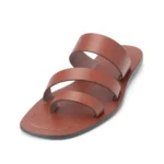 Stripe-Band Slippers in tan leather, three-quarter view, handcrafted by Morin.O, Lagos