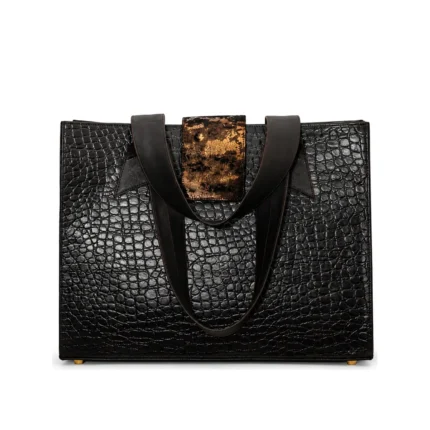 Tote Bag with Flap in black croc-embossed leather, handcrafted by Morin.O, Lagos