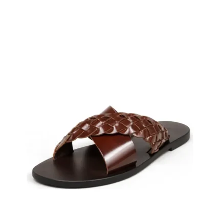 Woven Crossband Slippers in brown leather, three-quarter view, handcrafted by Morin.O, Lagos