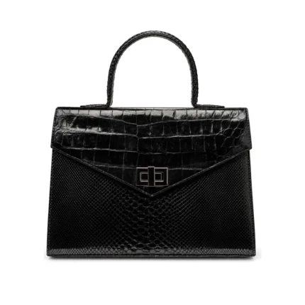 Zeena Half and Half Exotic Bag in black croc and snakeskin, handcrafted leather bag by Morin.O, Lagos