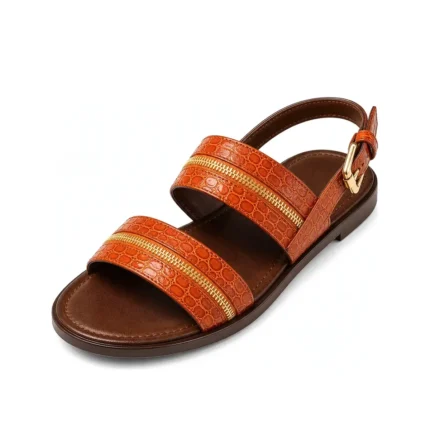 Zipper Sandals in orange croc leather with gold zips, three-quarter view, handcrafted by Morin.O, Lagos