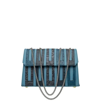 Asake Leather bag in blue patchwork leather with chain strap, front view