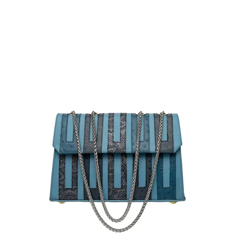 Asake Leather bag in blue patchwork leather with chain strap, front view