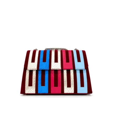 Asake Asooke bag in burgundy aso-oke with silver, blue and pink leather strips