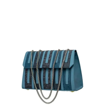 Asake Leather bag in blue patchwork leather with chain strap, angle view