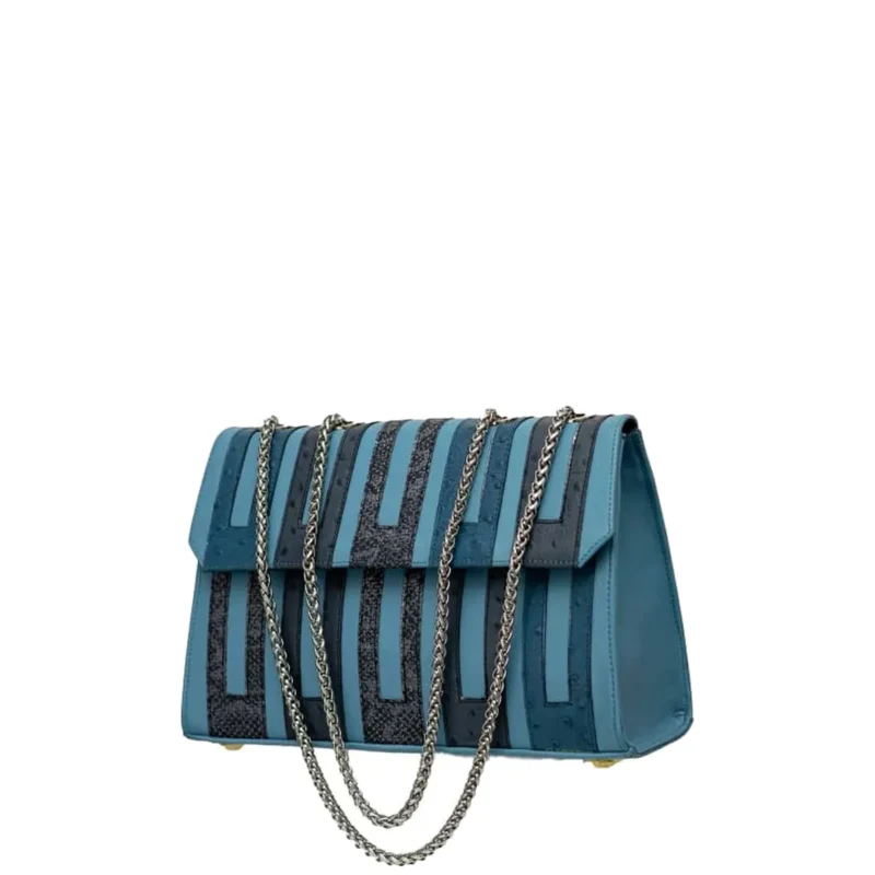 Asake Leather bag in blue patchwork leather with chain strap, angle view