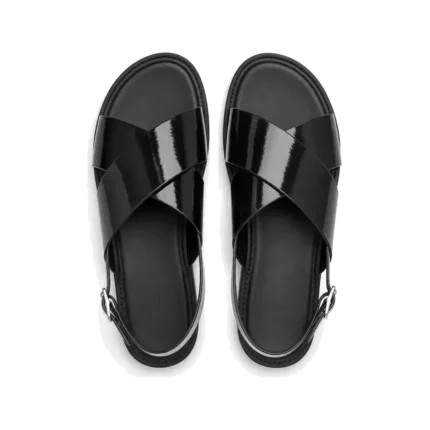 Bold Crisscross Sandal in black patent leather, pair from above, handcrafted by Morin.O, Lagos