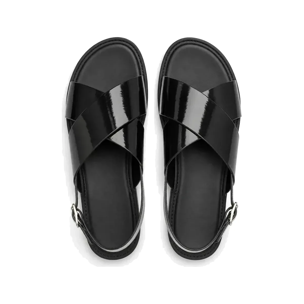 Bold Crisscross Sandal in black patent leather Bold Crisscross Sandal in black patent leather, pair from above, handcrafted by Morin.O, Lagos
