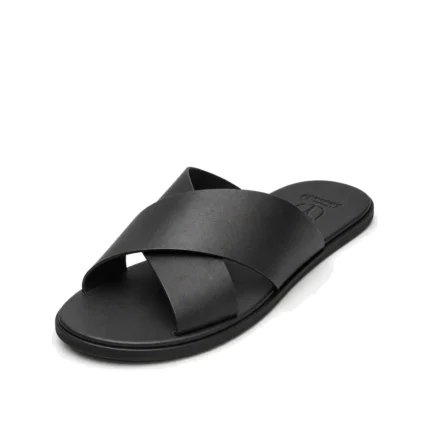 Bold Crisscross Slippers in black leather, three-quarter view, handcrafted by Morin.O, Lagos