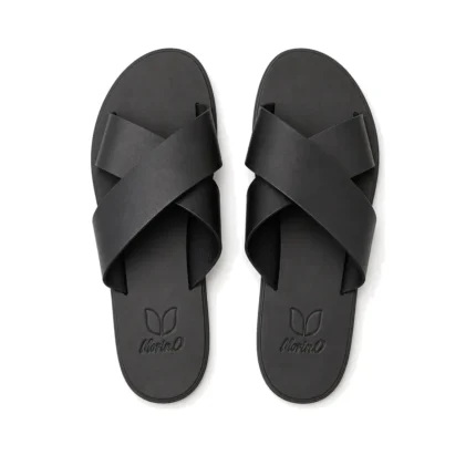 Bold Crisscross Slippers in black leather, pair from above, handcrafted by Morin.O, Lagos