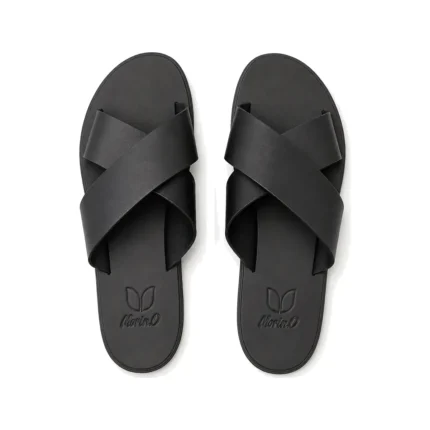 Bold Crisscross Slippers in black leather, pair from above, handcrafted by Morin.O, Lagos