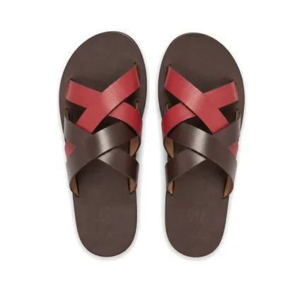 Crisscross Slippers in red and brown leather, pair from above, handcrafted by Morin.O, Lagos