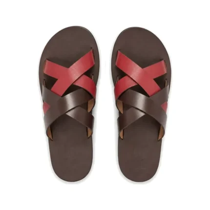 Crisscross Slippers in red and brown leather, pair from above, handcrafted by Morin.O, Lagos