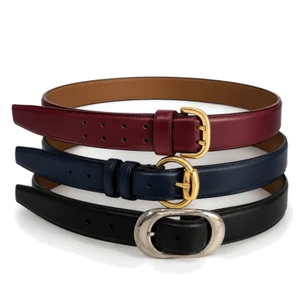 Morin.O female leather belts in burgundy, navy and black, stacked