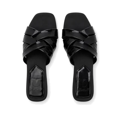 Flat-Toe Crisscross Slippers in black patent, top view, handcrafted by Morin.O, Lagos