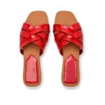 Flat-Toe Crisscross Slippers in red patent, top view, handcrafted by Morin.O, Lagos