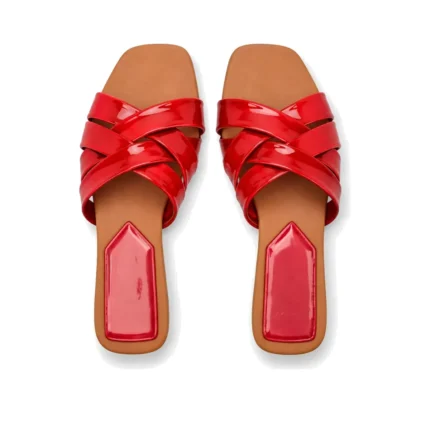 Flat-Toe Crisscross Slippers in red patent, top view, handcrafted by Morin.O, Lagos