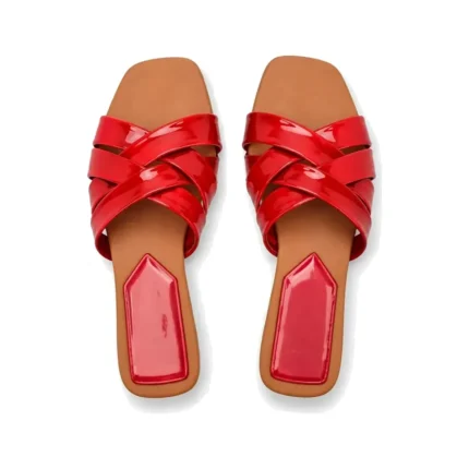 Flat-Toe Crisscross Slippers in red patent, top view, handcrafted by Morin.O, Lagos