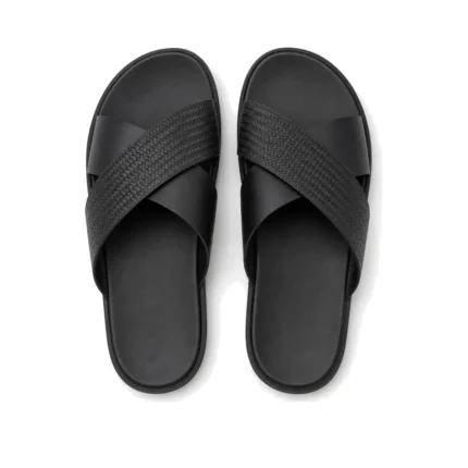 Matted Crossband Slippers in black leather, pair from above, handcrafted by Morin.O, Lagos