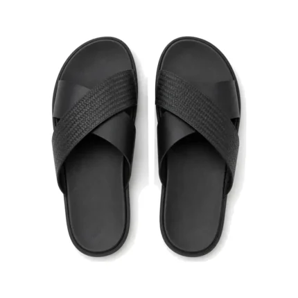 Matted Crossband Slippers in black leather, pair from above, handcrafted by Morin.O, Lagos