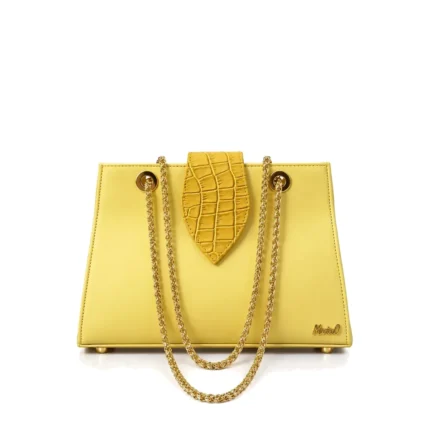Mini Demure Bag in yellow leather with croc flap, handcrafted leather bag by Morin.O, Lagos