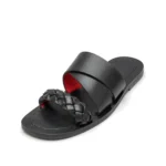 Plaited Crossband Slippers in black leather, three-quarter view, handcrafted by Morin.O, Lagos