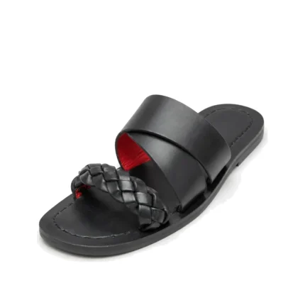 Plaited Crossband Slippers in black leather, three-quarter view, handcrafted by Morin.O, Lagos
