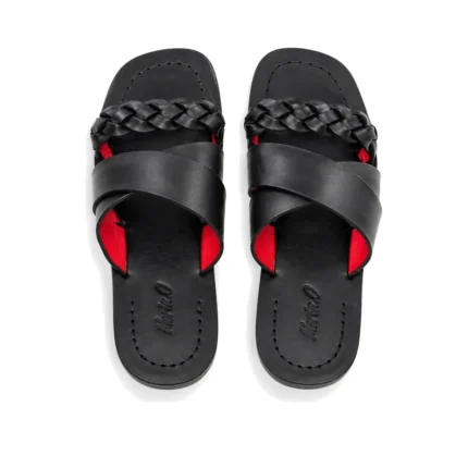 Plaited Crossband Slippers top view, handcrafted leather footwear by Morin.O, Lagos