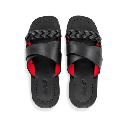 Plaited Crossband Slippers top view, handcrafted leather footwear by Morin.O, Lagos