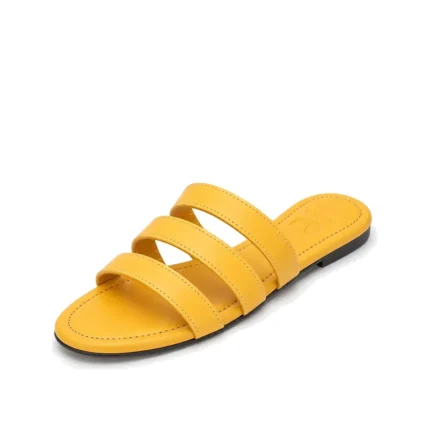 Stripe Slippers in mustard yellow leather, three-quarter view, handcrafted by Morin.O, Lagos