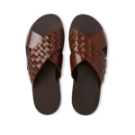 Woven Crossband Slippers in brown woven and smooth leather, pair from above, handcrafted by Morin.O, Lagos
