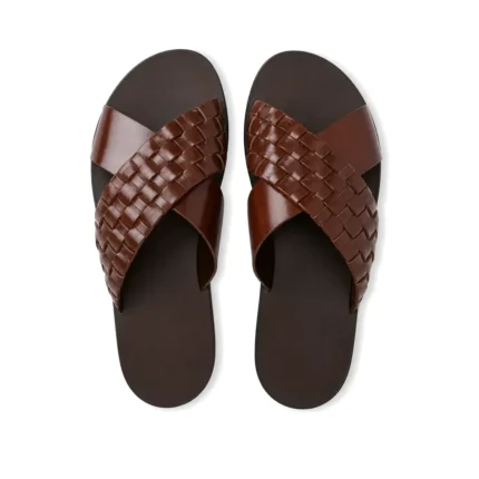 Woven Crossband Slippers in brown woven and smooth leather, pair from above, handcrafted by Morin.O, Lagos