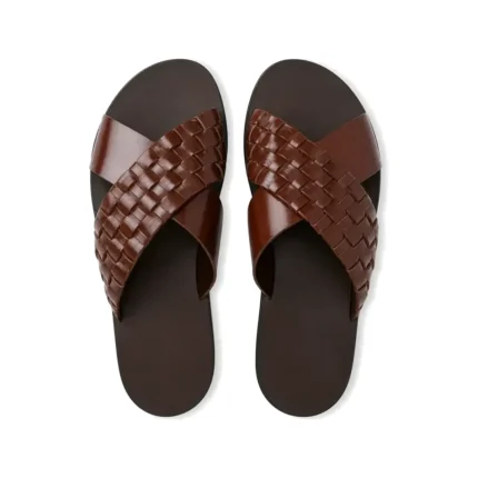 Woven Crossband Slippers in brown woven and smooth leather, pair from above, handcrafted by Morin.O, Lagos
