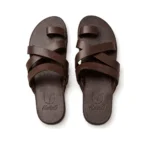 Zigzag Cross Slippers in brown leather, top view, handcrafted by Morin.O, Lagos