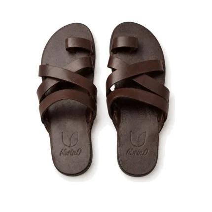 Zigzag Cross Slippers in brown leather, top view, handcrafted by Morin.O, Lagos