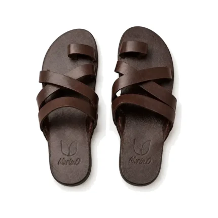 Zigzag Cross Slippers in brown leather, top view, handcrafted by Morin.O, Lagos